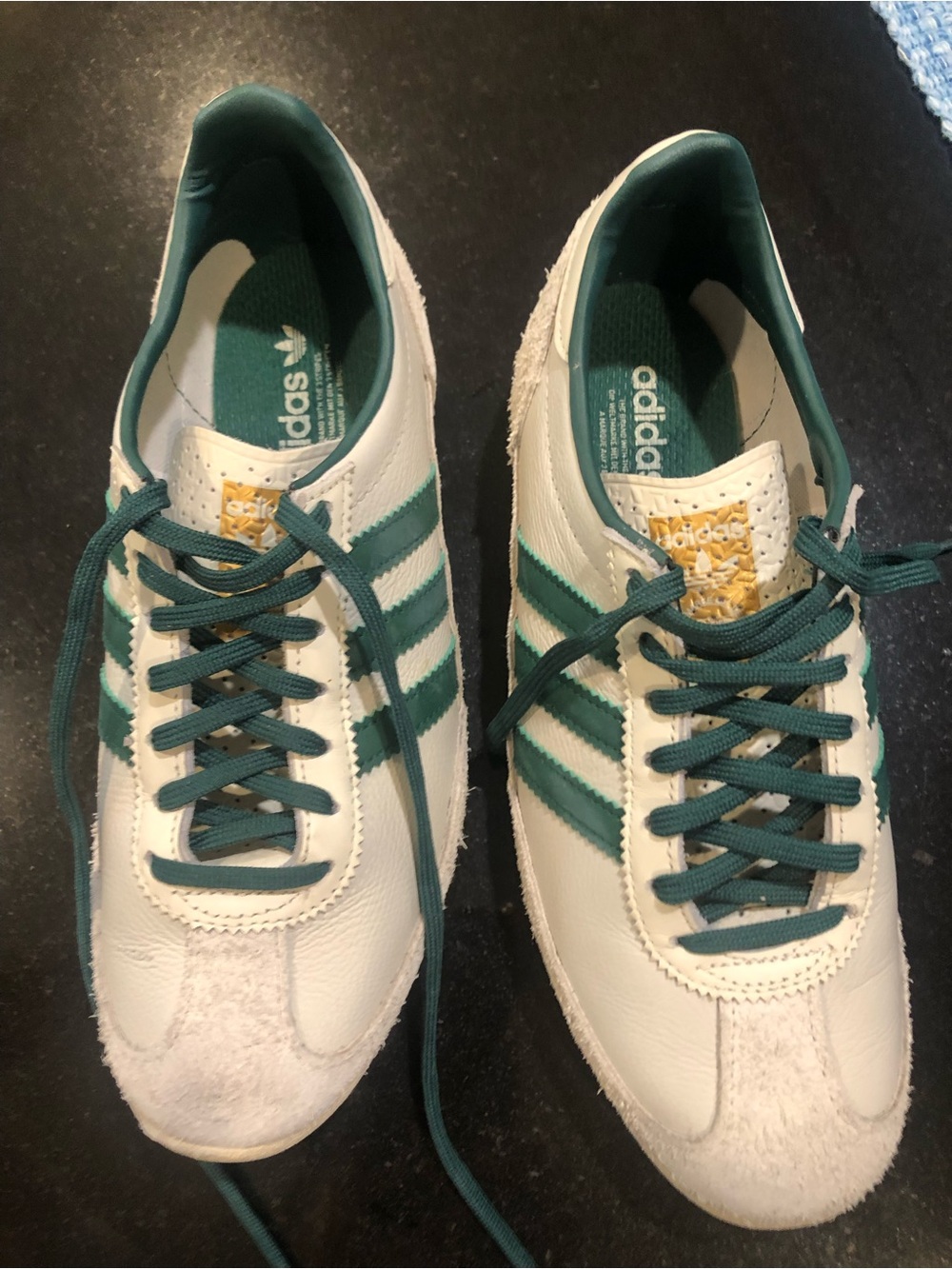adidas White Sneakers with Green Stripes and Laces
